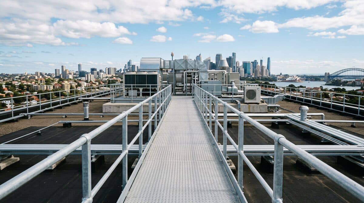 Rooftop walkway and guardrail system overlooking Sydney - Height Safety Sydney
