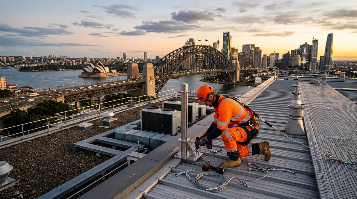 Height safety technician installing anchor points on a Sydney rooftop - Height Safety Sydney
